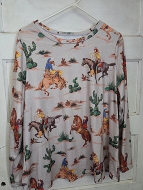 Western Cowboy Print Long Sleeve Top - Beige with Multi Colors